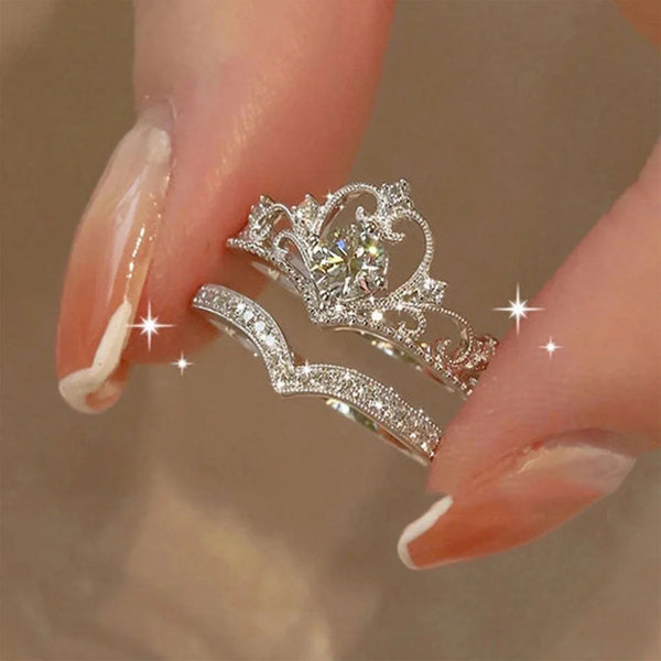Stainless Steel Crystal Crown Adjustable Ring Vintage Rings Set
