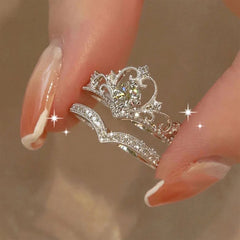 Stainless Steel Crystal Crown Adjustable Ring Vintage Rings Set