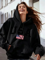 Women's USA Flag Print Hoodie Casual Long Sleeve Hooded