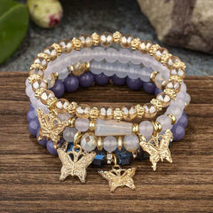 4Pcs Trendy Butterfly Beaded Bracelet Set For Women Pink Acrylic