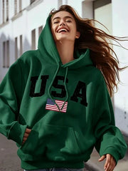 Women's USA Flag Print Hoodie Casual Long Sleeve Hooded