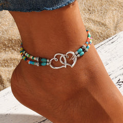 Vintage Double Layer Beaded Hollow Double Heart Anklet for Women