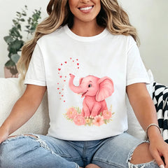 Cute pink elephant, heart, and floral print loose-fit plus-size  T-shirt