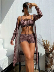 2026 New Geometric Print 3 Piece Bikini, Ruched Beach Swimwear