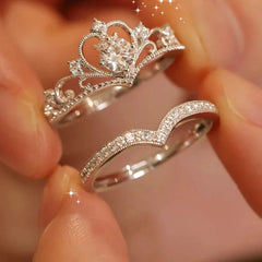 Stainless Steel Crystal Crown Adjustable Ring Vintage Rings Set