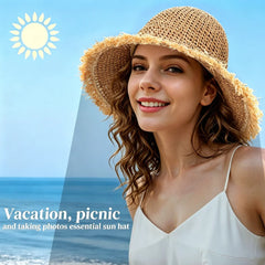 Women's Foldable Straw Sun Hat, Wide Brim Crochet Bucket Hat