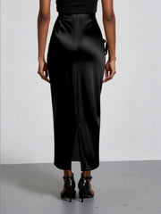 Women Black Satin High Waist Midi Skirt Ruched Bodycon Long Skirt