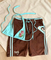 Retro Y2K Floral Embroidery Bikini and Striped Boardshort Set Swimwear
