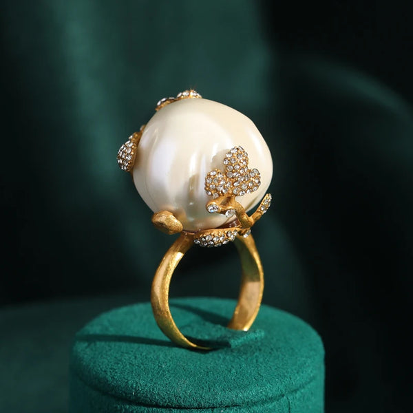 Vintage Big Baroque Imitated Pearl Wedding Rings For Women Gold
