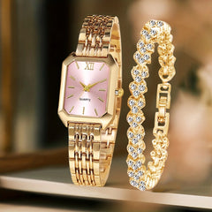 2PCS Fashion Rectangle Women Quartz Watch Rhinestone Bracelet Set