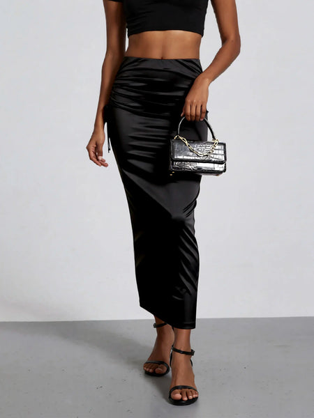 Women Black Satin High Waist Midi Skirt Ruched Bodycon Long Skirt