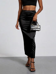 Women Black Satin High Waist Midi Skirt Ruched Bodycon Long Skirt