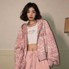 Cool Pink Leopard Print Hoodie Sweatshirt Women Hoodies Tops Outwear