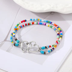 Vintage Double Layer Beaded Hollow Double Heart Anklet for Women