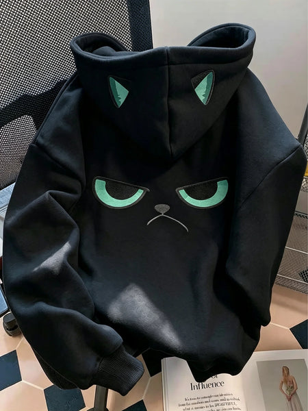 Cartoon Grumpy Cat Print Hoodie For Women Creative Sweatshirt