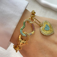 1 PC Gold Colorful Diamond Oval Buckle Bracelet, Paired with Gold Heart