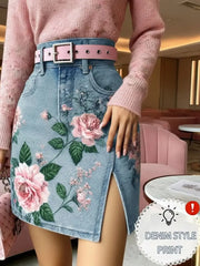 Women High Waist Floral Print Side Slit Mini Skirt Fashion Street Daily Bottom