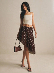 Women's Brown Polka Midi Skirt Flowy Boho Casual Date Skirt