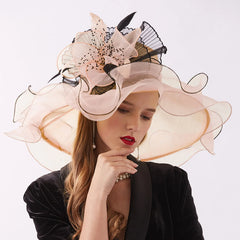 Women Elegant Sun Hats Wide Brim Organza Fedoras Wedding Derby