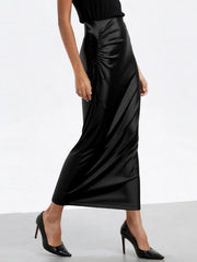 Women Black Satin High Waist Midi Skirt Ruched Bodycon Long Skirt