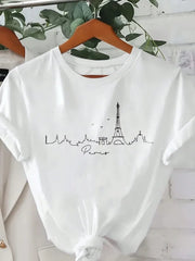 2026 Fashion New Arrival Women Vacation‑Style Graphic Tee, White Paris