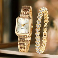 2PCS Fashion Rectangle Women Quartz Watch Rhinestone Bracelet Set