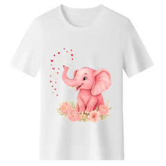 Cute pink elephant, heart, and floral print loose-fit plus-size  T-shirt