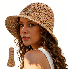Women's Foldable Straw Sun Hat, Wide Brim Crochet Bucket Hat