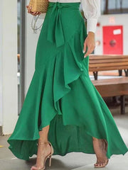 Women's Solid Color Ruffled Asymmetrical Hem Mermaid Long Skirt