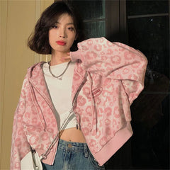 Cool Pink Leopard Print Hoodie Sweatshirt Women Hoodies Tops Outwear