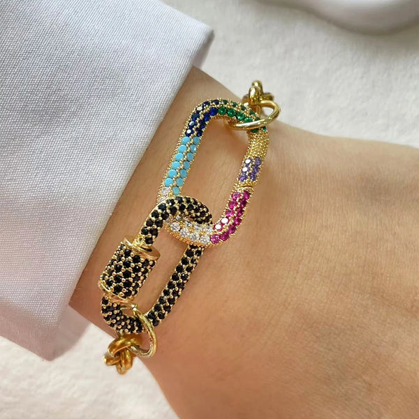 1 PC Gold Colorful Diamond Oval Buckle Bracelet, Paired with Gold Heart