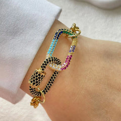 1 PC Gold Colorful Diamond Oval Buckle Bracelet, Paired with Gold Heart