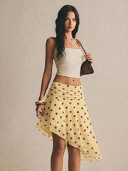 Women's Brown Polka Midi Skirt Flowy Boho Casual Date Skirt