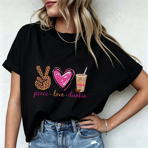 Plus Size Women Peace Love Dunkin Coffee Leopard Peace Sign Heart