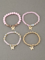 4Pcs Trendy Butterfly Beaded Bracelet Set For Women Pink Acrylic