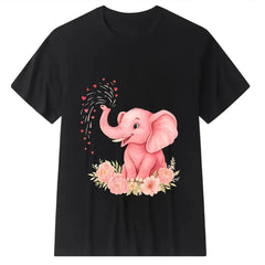 Cute pink elephant, heart, and floral print loose-fit plus-size  T-shirt