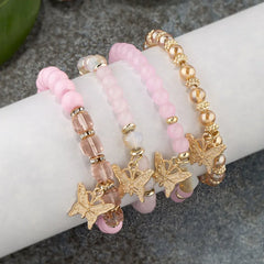 4Pcs Trendy Butterfly Beaded Bracelet Set For Women Pink Acrylic