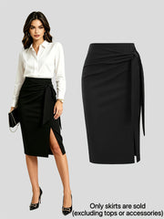 Women Black Wrap Midi Pencil Skirt High Waist Side Knot Tie Skirts