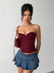 Aloruh Women's Sexy Ultra-Low Waist Denim Pleated Mini Skirt