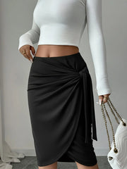 Women Black Wrap Midi Pencil Skirt High Waist Side Knot Tie Skirts
