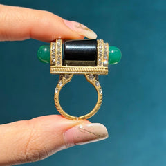 Vintage Black Green Ring Stone Bullet Head For Women Antique 18k Gold