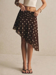 Women's Brown Polka Midi Skirt Flowy Boho Casual Date Skirt