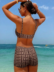 2026 New Geometric Print 3 Piece Bikini, Ruched Beach Swimwear