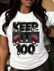 Women Crew Neck Short Sleeve T-Shirt Keep It Print Casual Tops