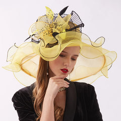 Women Elegant Sun Hats Wide Brim Organza Fedoras Wedding Derby
