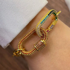 1 PC Gold Colorful Diamond Oval Buckle Bracelet, Paired with Gold Heart