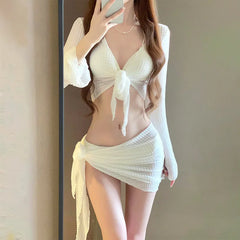 Women's Long Sleeve Knit Bikini Set, Pure Sexy Push-Up Swimsuit