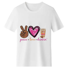 Plus Size Women Peace Love Dunkin Coffee Leopard Peace Sign Heart
