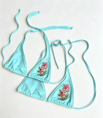 Retro Y2K Floral Embroidery Bikini and Striped Boardshort Set Swimwear