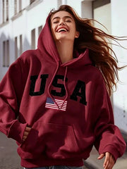 Women's USA Flag Print Hoodie Casual Long Sleeve Hooded